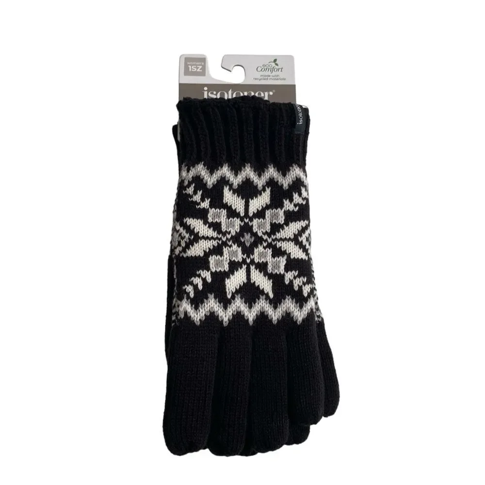 NWT Isotoner Adult Snowflake Knit Gloves One Size Black NEW